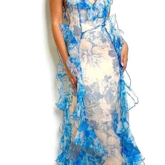 V NECK RUFFLE DETAIL FLORAL PRINT MAXI DRESS - Picture 3 of 3